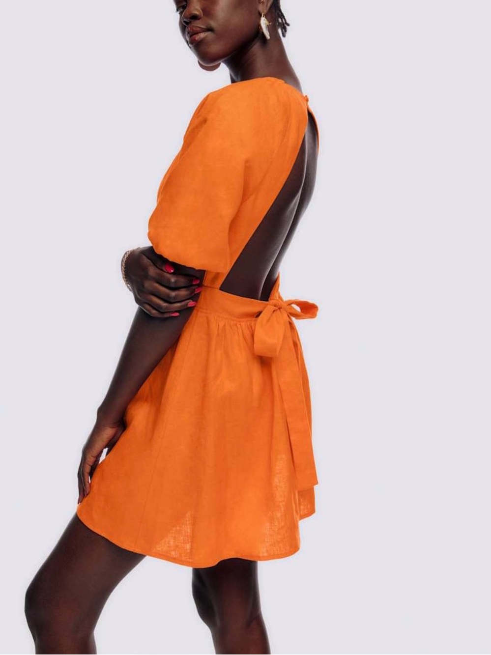 REFORMATION Tangerine Linen Open Back Tie Waist Puff Sleeve Coquette Dress 2